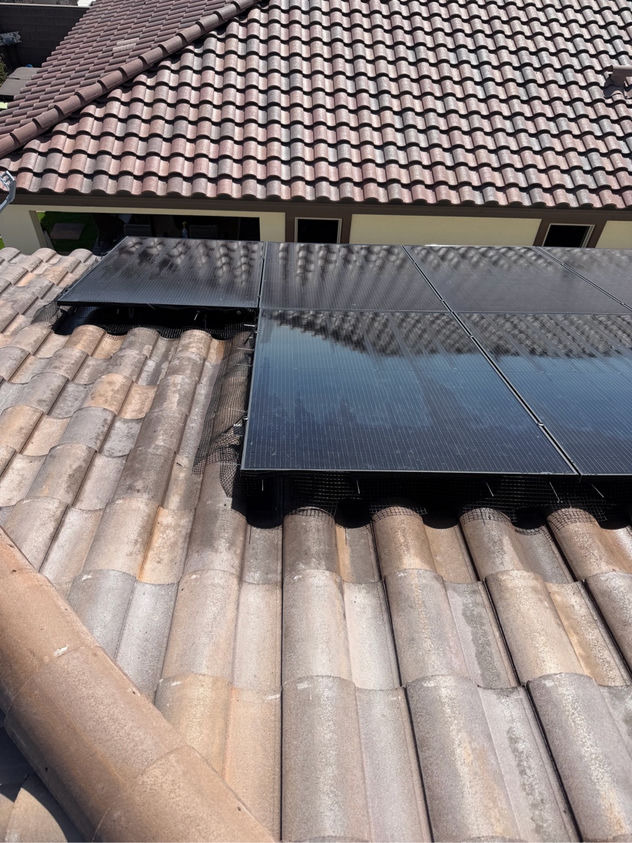Critter guard mesh protecting solar panels on a Mountain's Edge Las Vegas tract home from pigeons