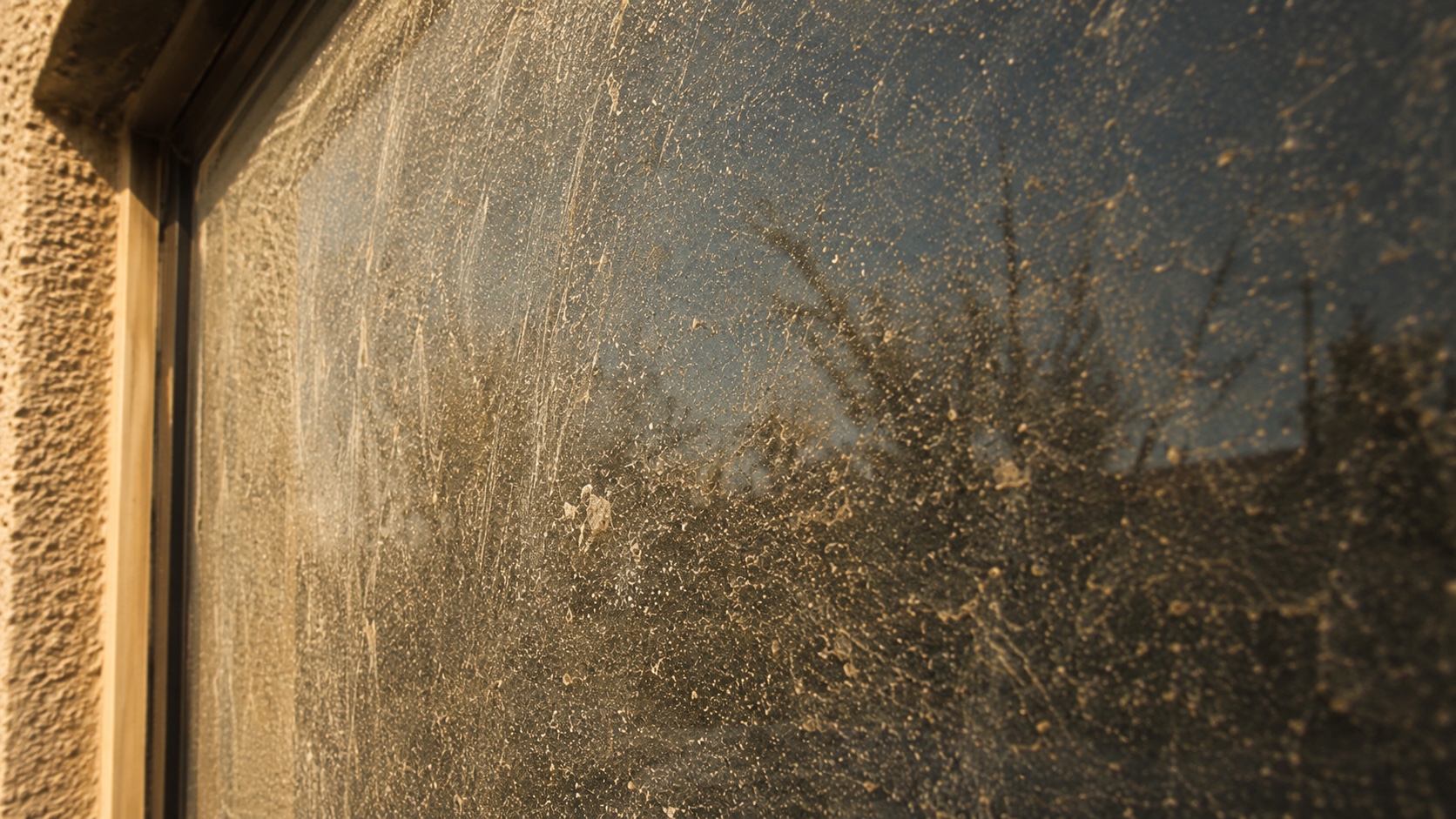 Extreme close-up of a Las Vegas window pane heavily coated in fine desert dust with dramatic golden-hour side light revealing the abrasion and grime