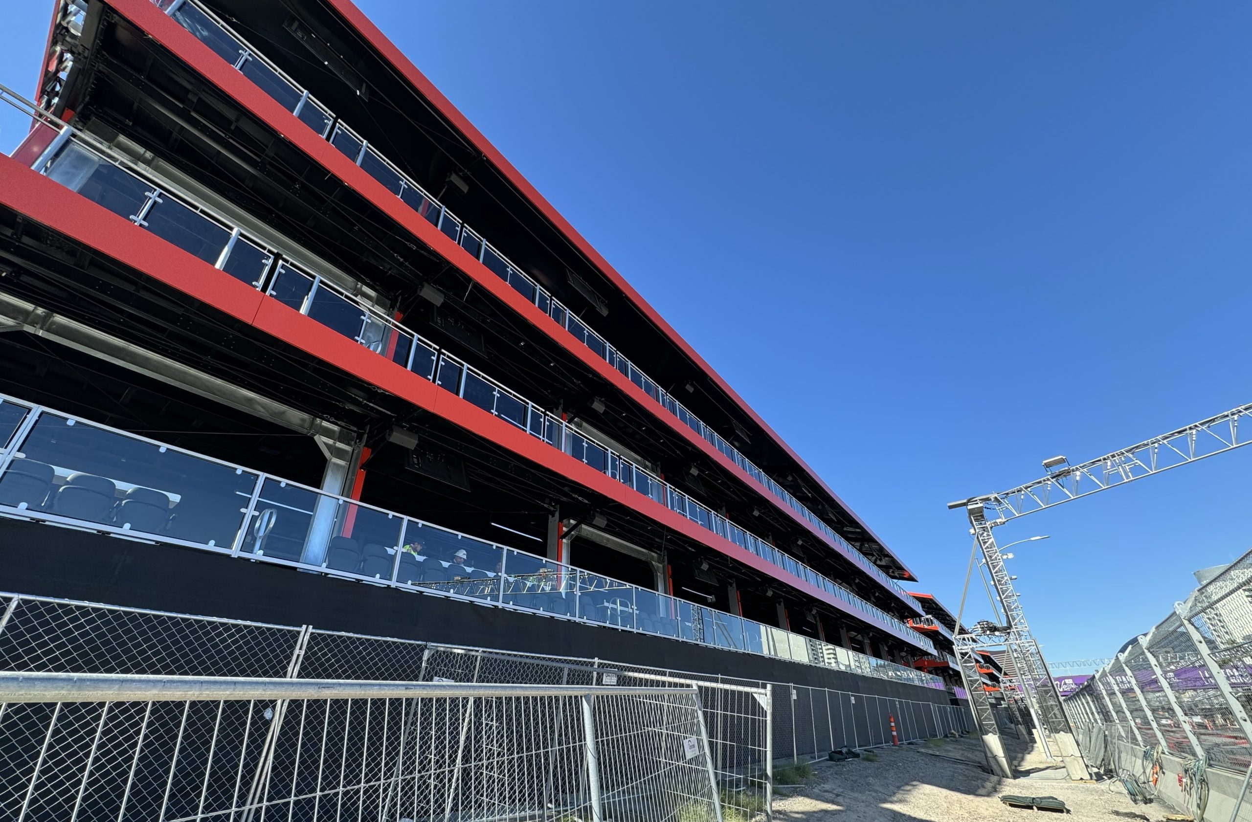 Multi-level grandstand glass panels cleaned for the Las Vegas Formula 1 Grand Prix circuit