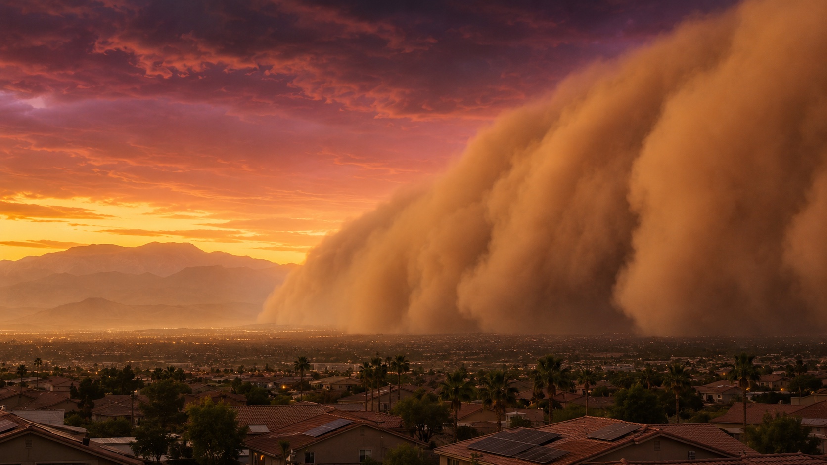 Massive haboob dust storm rolling across the Las Vegas Valley at golden hour, with the Spring Mountains silhouetted behind a wall of amber dust