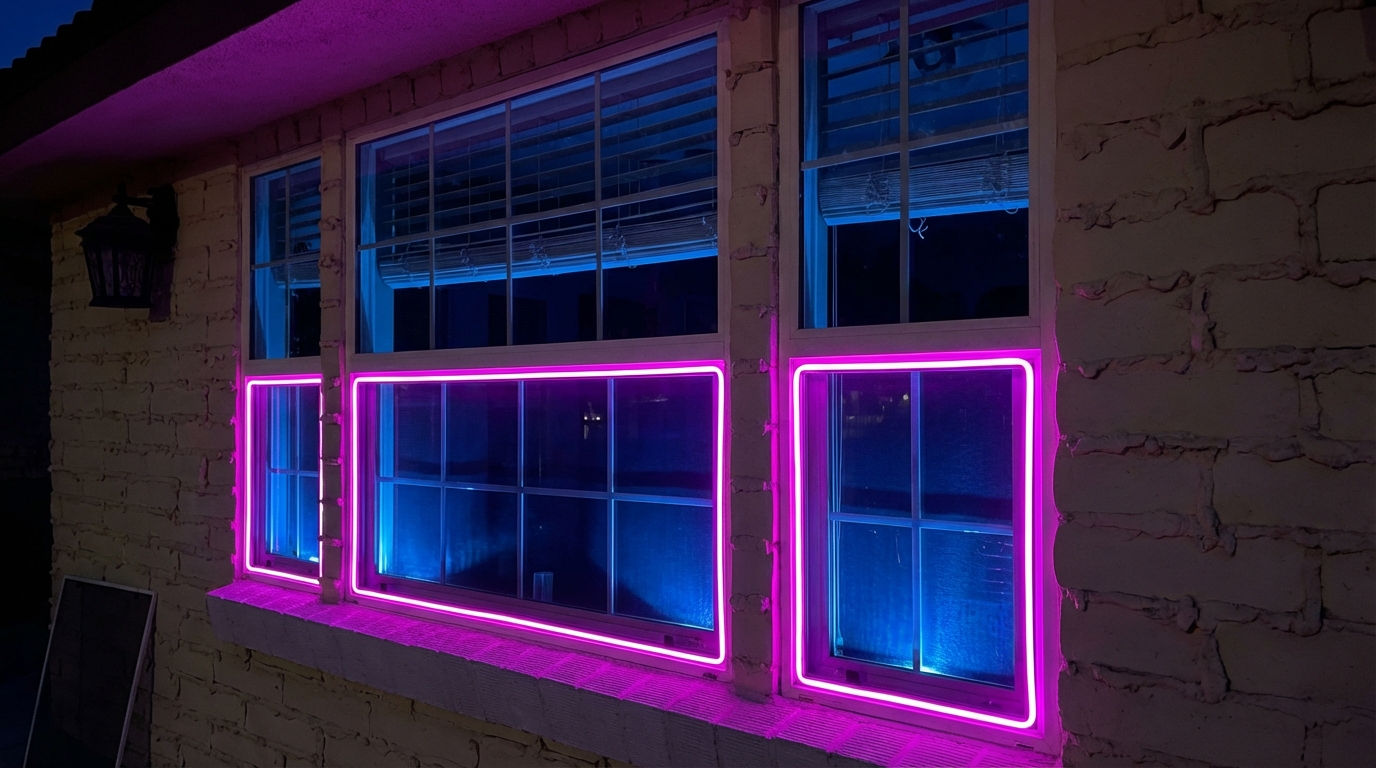 Custom window screens with neon magenta glow installed on a Las Vegas home with stucco exterior